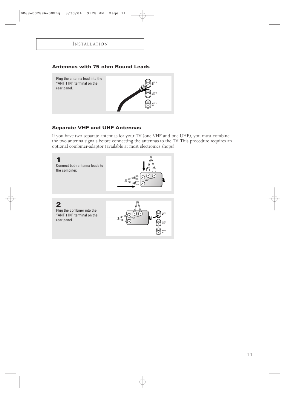 Antennas with 75-ohm round leads, Separate vhf and uhf antennas | Samsung HCP4252WX-XAC User Manual | Page 11 / 68