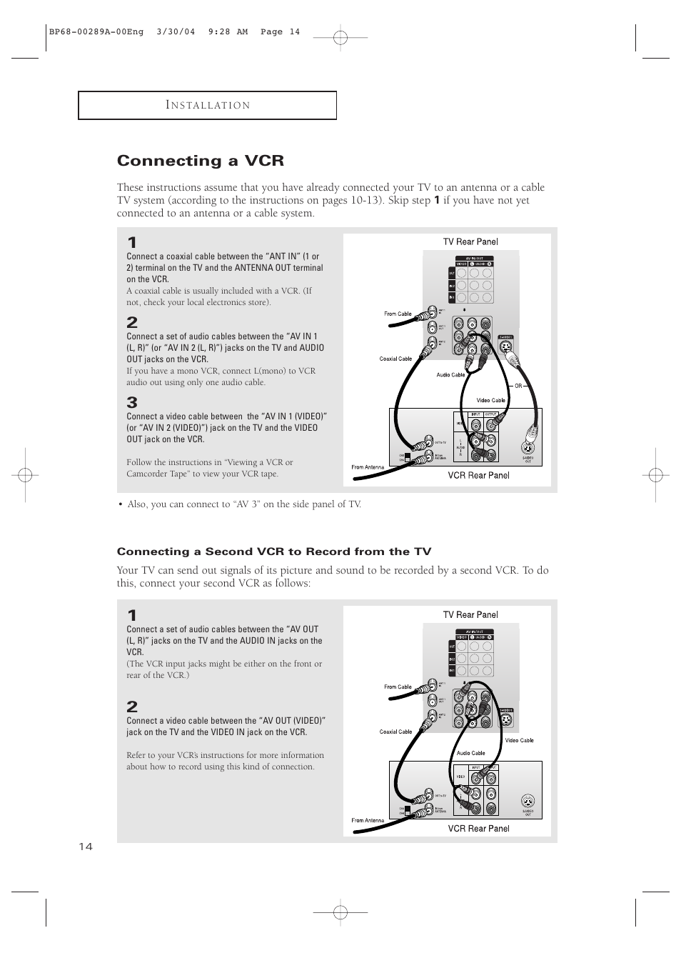 Connecting a vcr, Connecting a second vcr to record from the tv | Samsung HCP4252WX-XAC User Manual | Page 14 / 68