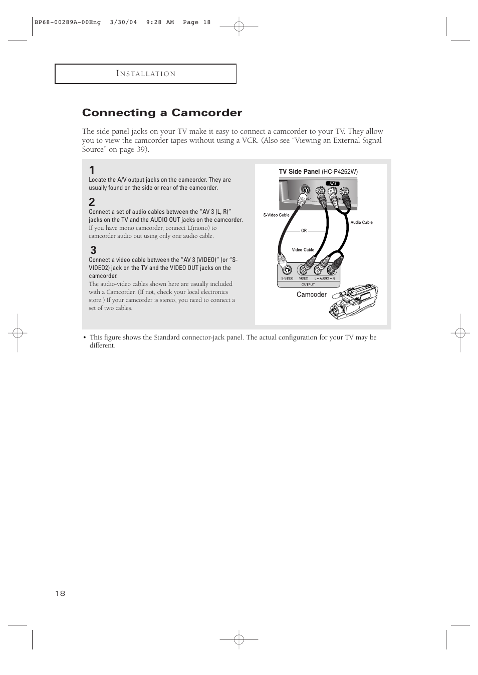 Connecting a camcorder | Samsung HCP4252WX-XAC User Manual | Page 18 / 68