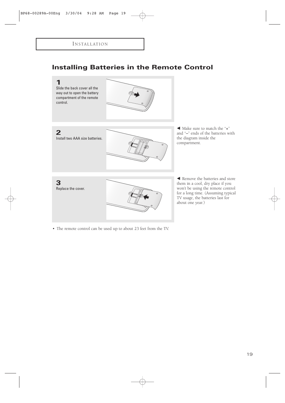 Installing batteries in the remote control | Samsung HCP4252WX-XAC User Manual | Page 19 / 68