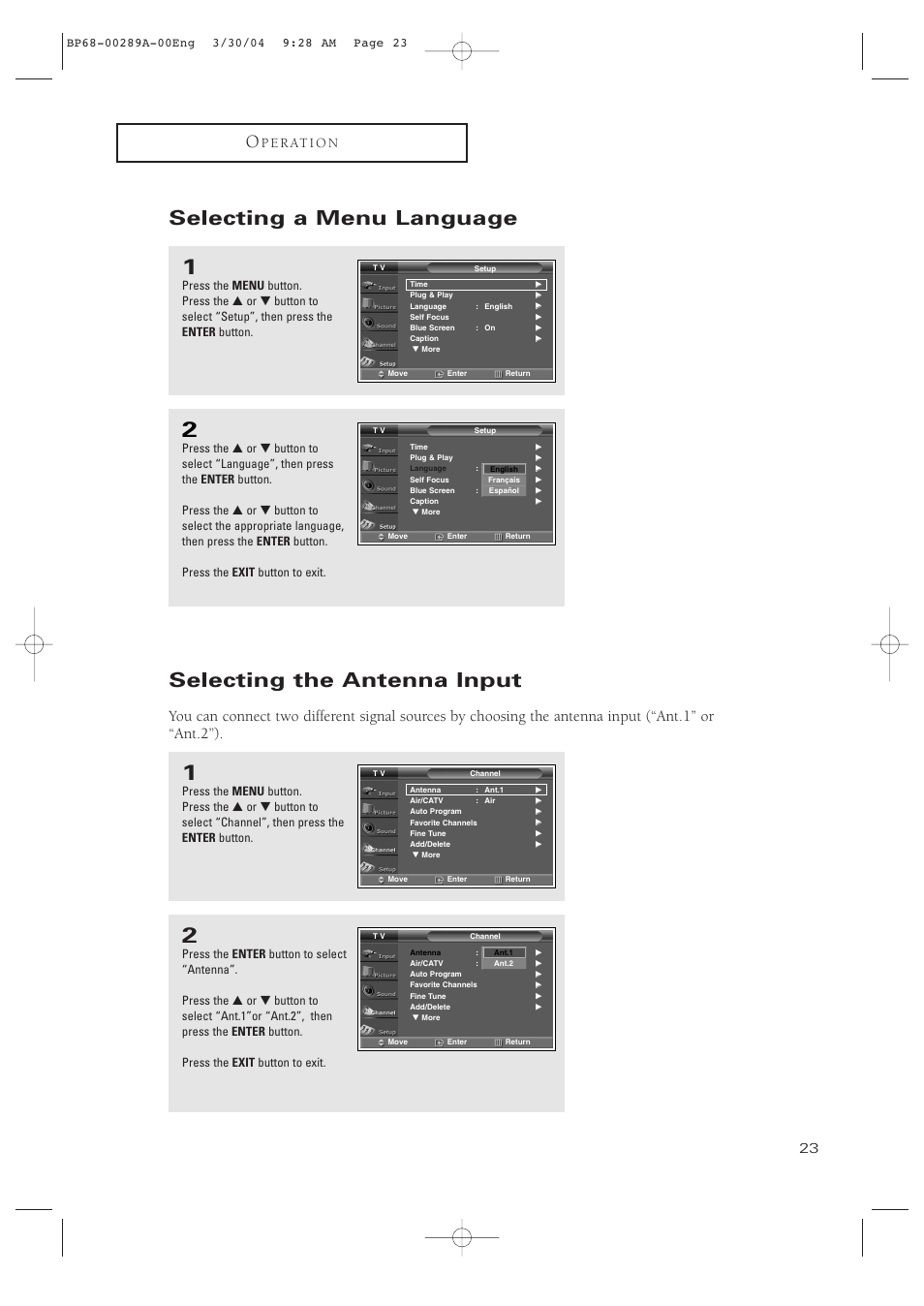 Selecting a menu language, Selecting the antenna input, P e r at i o n | Samsung HCP4252WX-XAC User Manual | Page 23 / 68