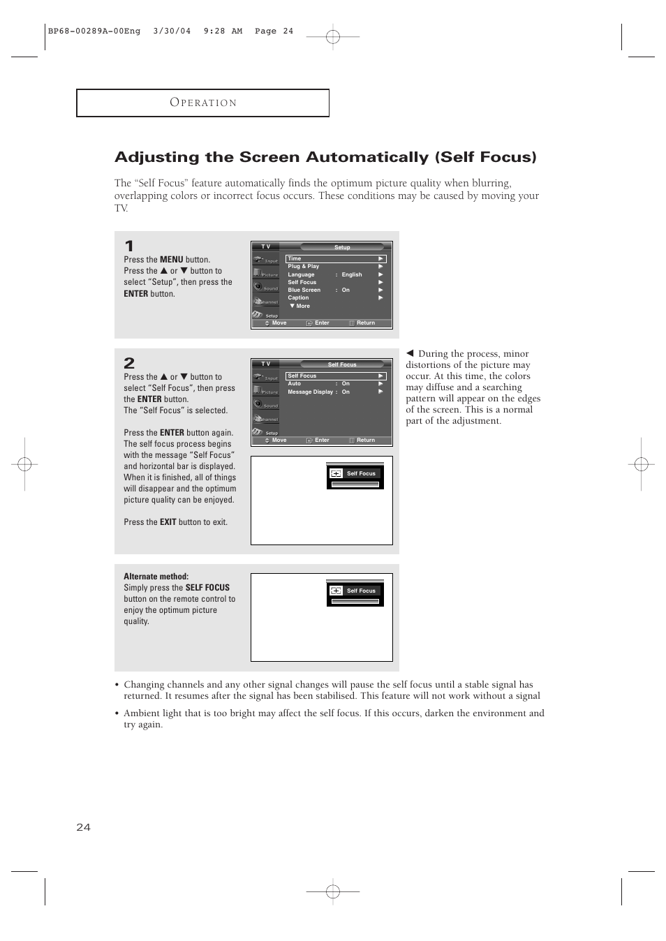 Adjusting the screen automatically (self focus), P e r at i o n | Samsung HCP4252WX-XAC User Manual | Page 24 / 68