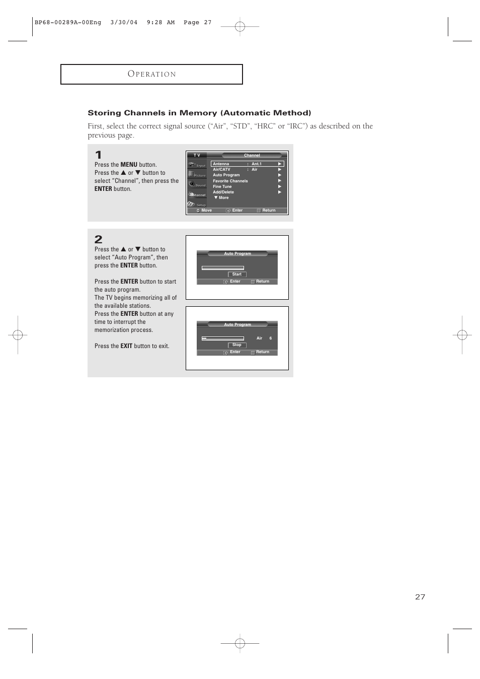 Storing channels in memory (automatic method) | Samsung HCP4252WX-XAC User Manual | Page 27 / 68