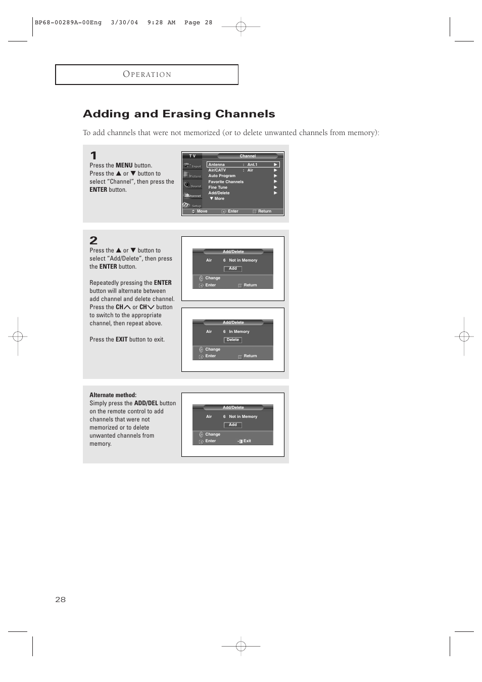 Adding and erasing channels | Samsung HCP4252WX-XAC User Manual | Page 28 / 68