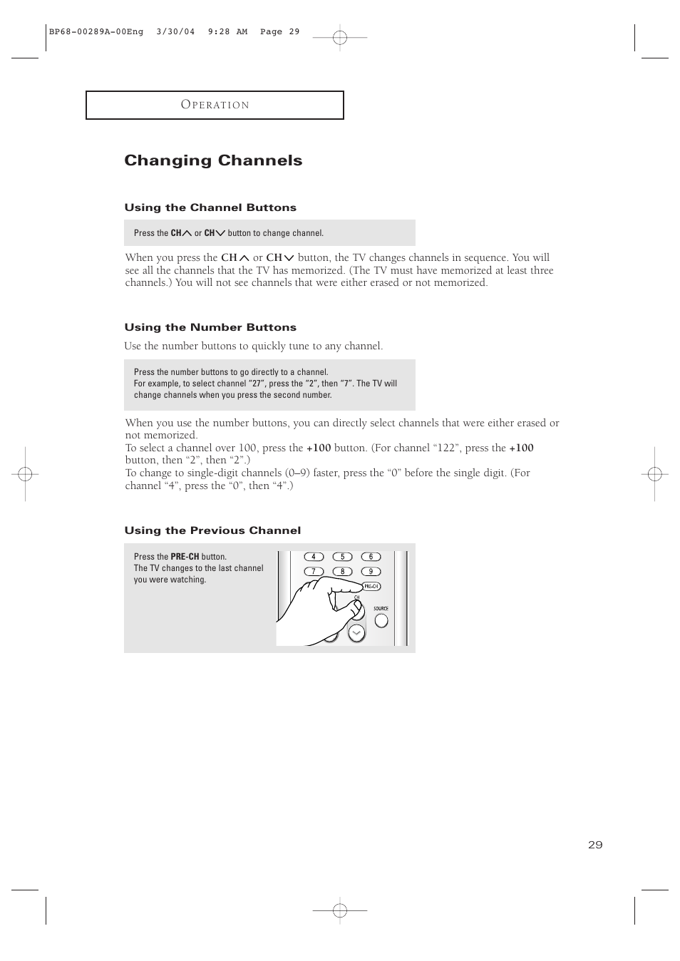 Changing channels, Using the channel buttons, Using the number buttons | Using the previous channel | Samsung HCP4252WX-XAC User Manual | Page 29 / 68