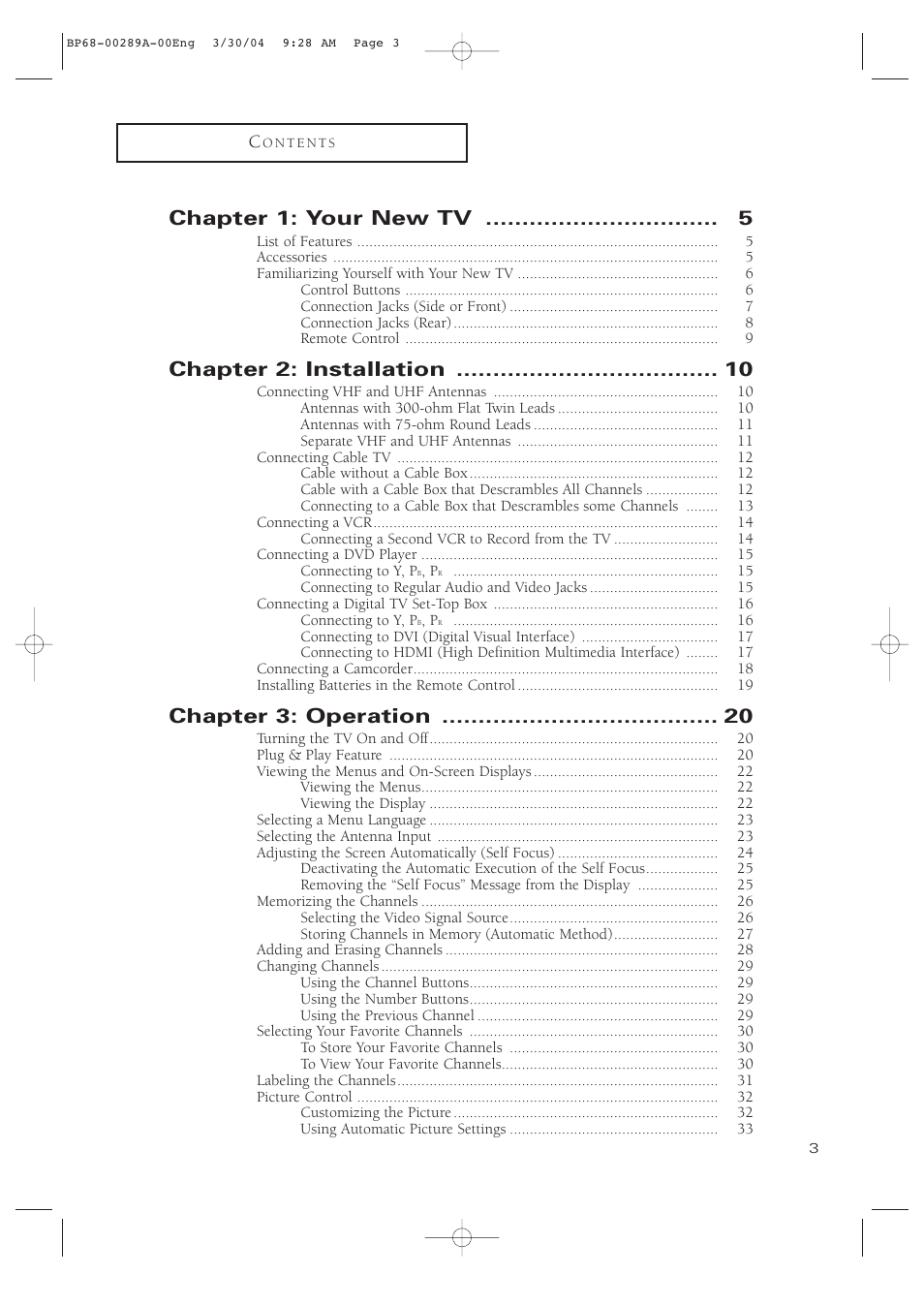 Chapter 1: your new tv, Chapter 2: installation, Chapter 3: operation | Samsung HCP4252WX-XAC User Manual | Page 3 / 68