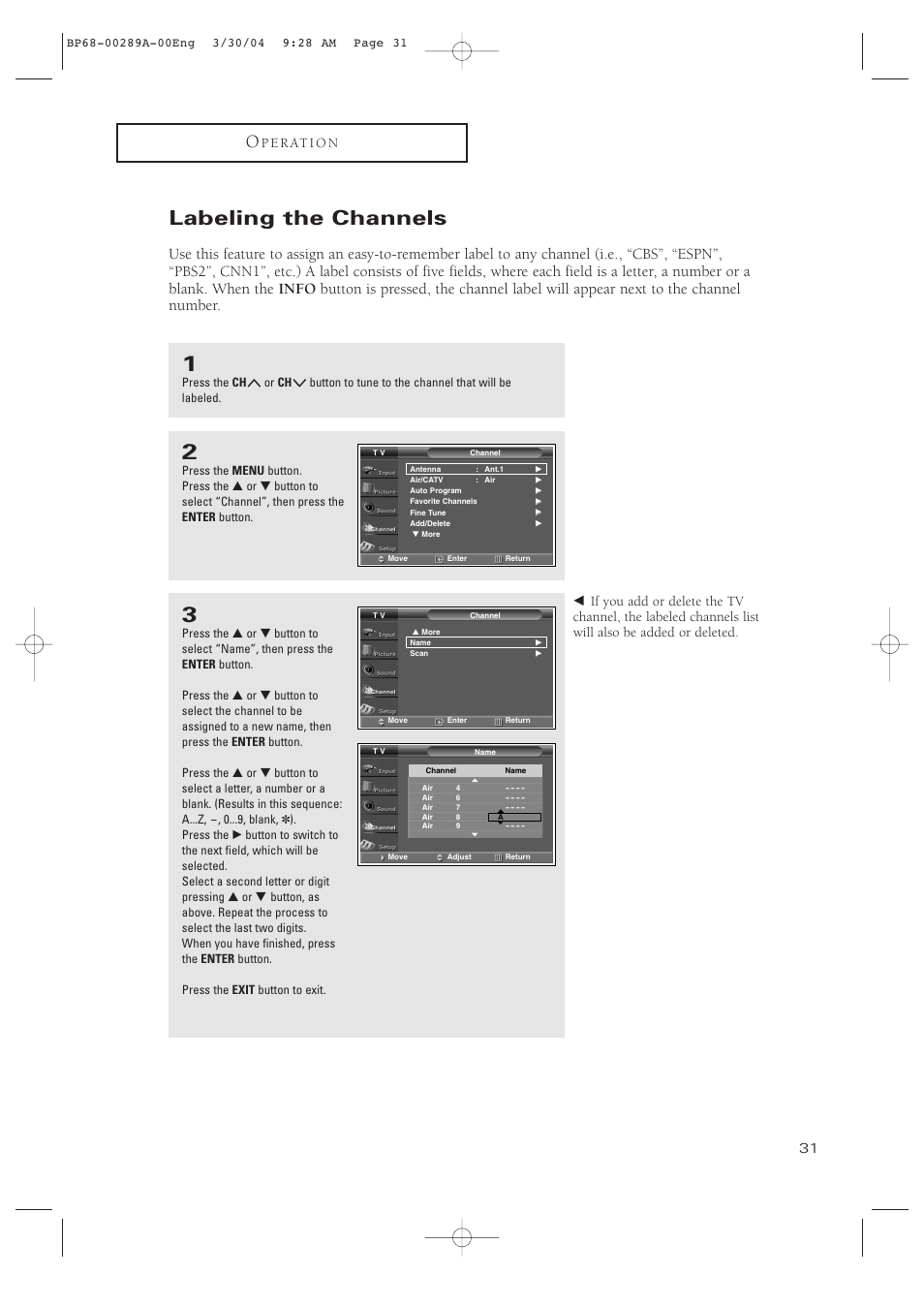 Labeling the channels, P e r at i o n | Samsung HCP4252WX-XAC User Manual | Page 31 / 68