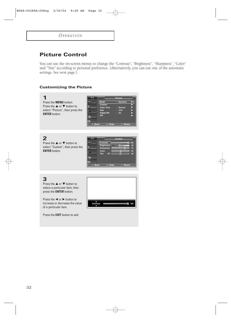 Picture control, Customizing the picture | Samsung HCP4252WX-XAC User Manual | Page 32 / 68