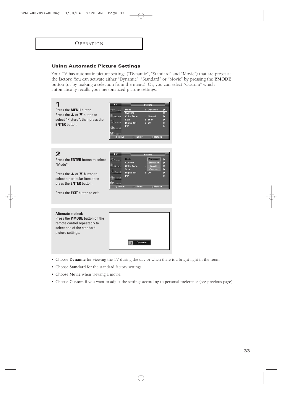 Using automatic picture settings | Samsung HCP4252WX-XAC User Manual | Page 33 / 68