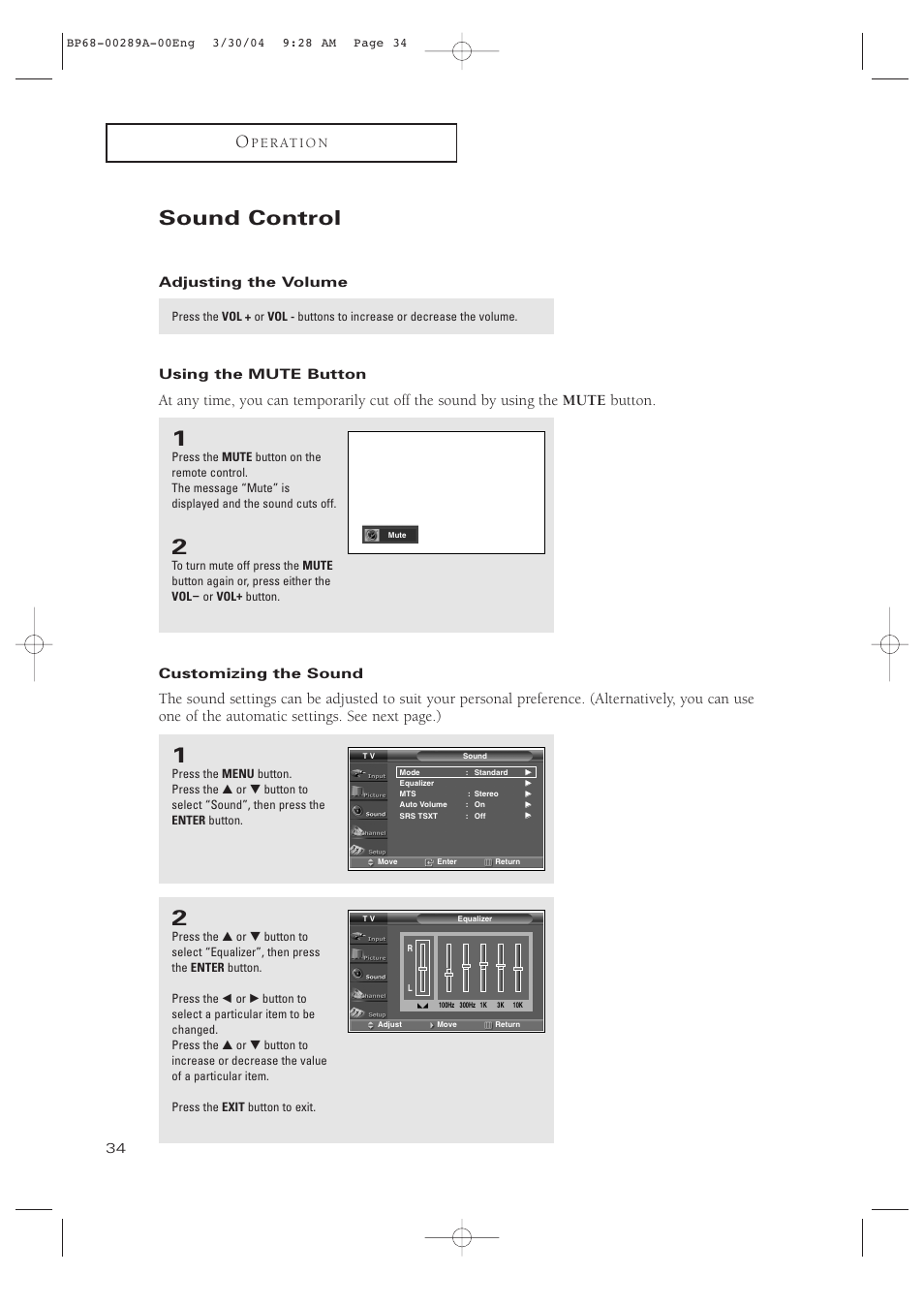 Sound control, Adjusting the volume, Using the mute button | Customizing the sound | Samsung HCP4252WX-XAC User Manual | Page 34 / 68