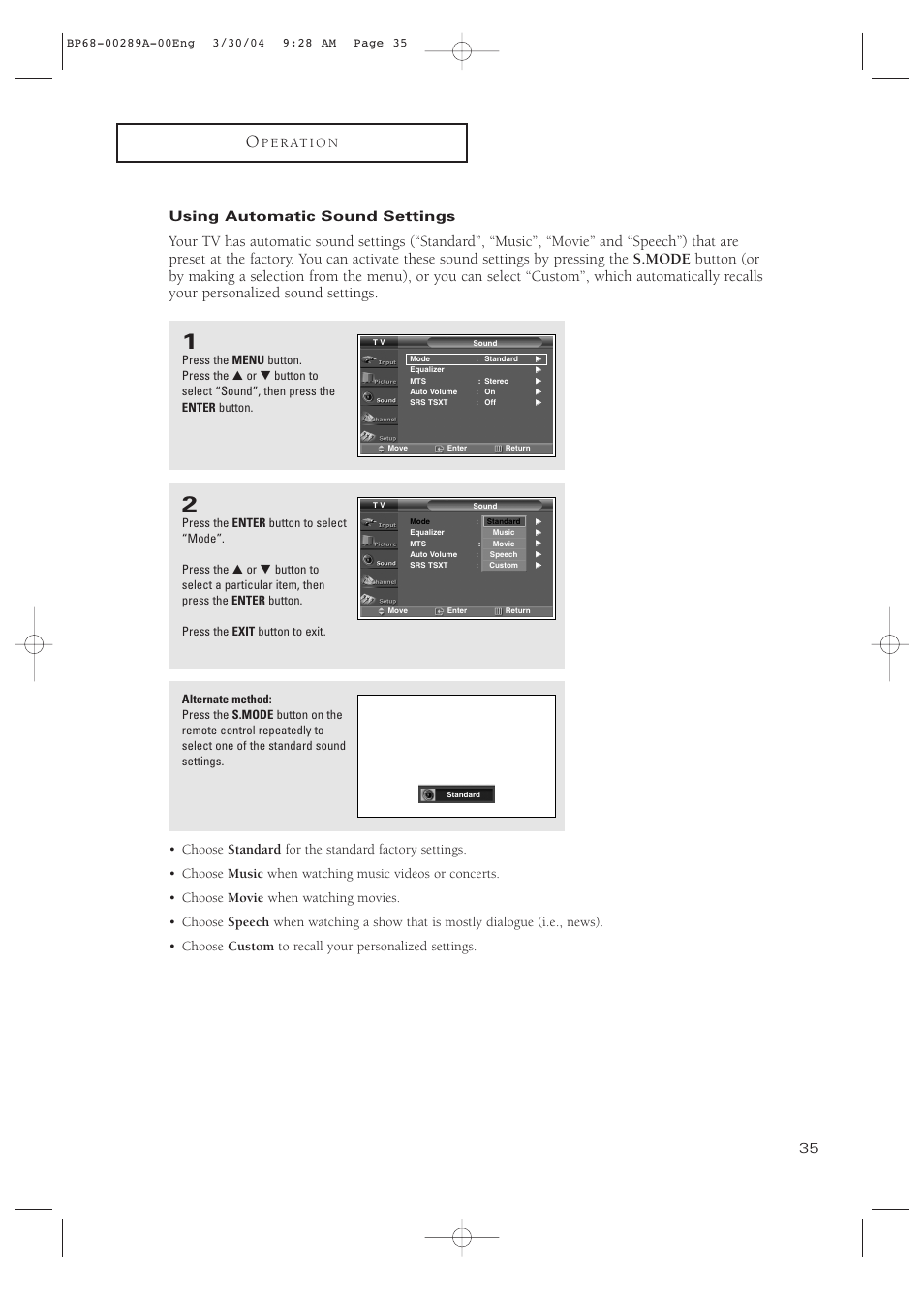 Using automatic sound settings | Samsung HCP4252WX-XAC User Manual | Page 35 / 68