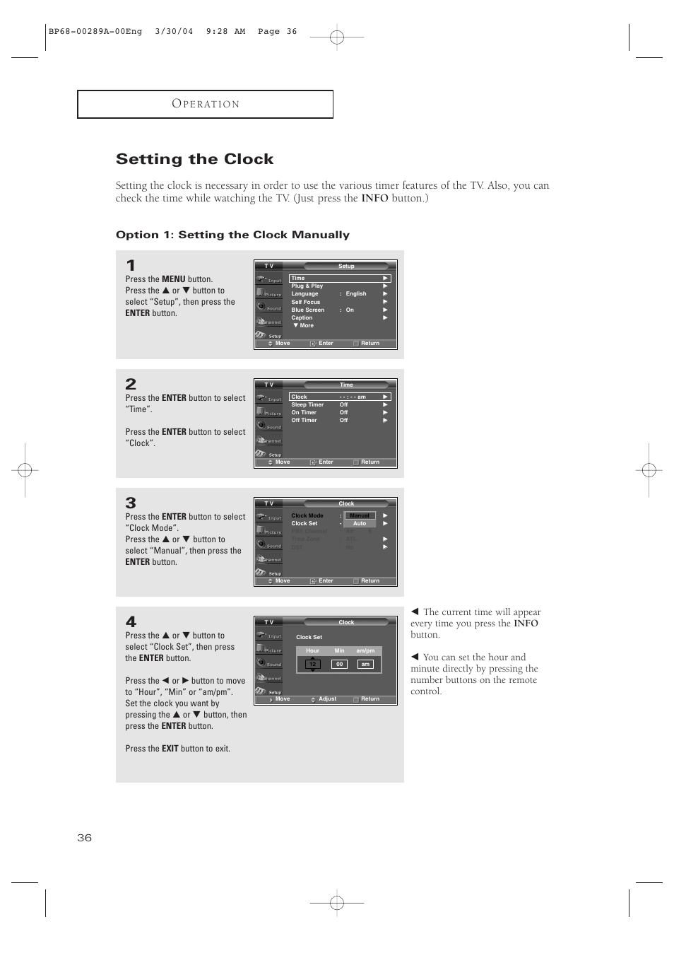 Setting the clock, Option 1: setting the clock manually | Samsung HCP4252WX-XAC User Manual | Page 36 / 68