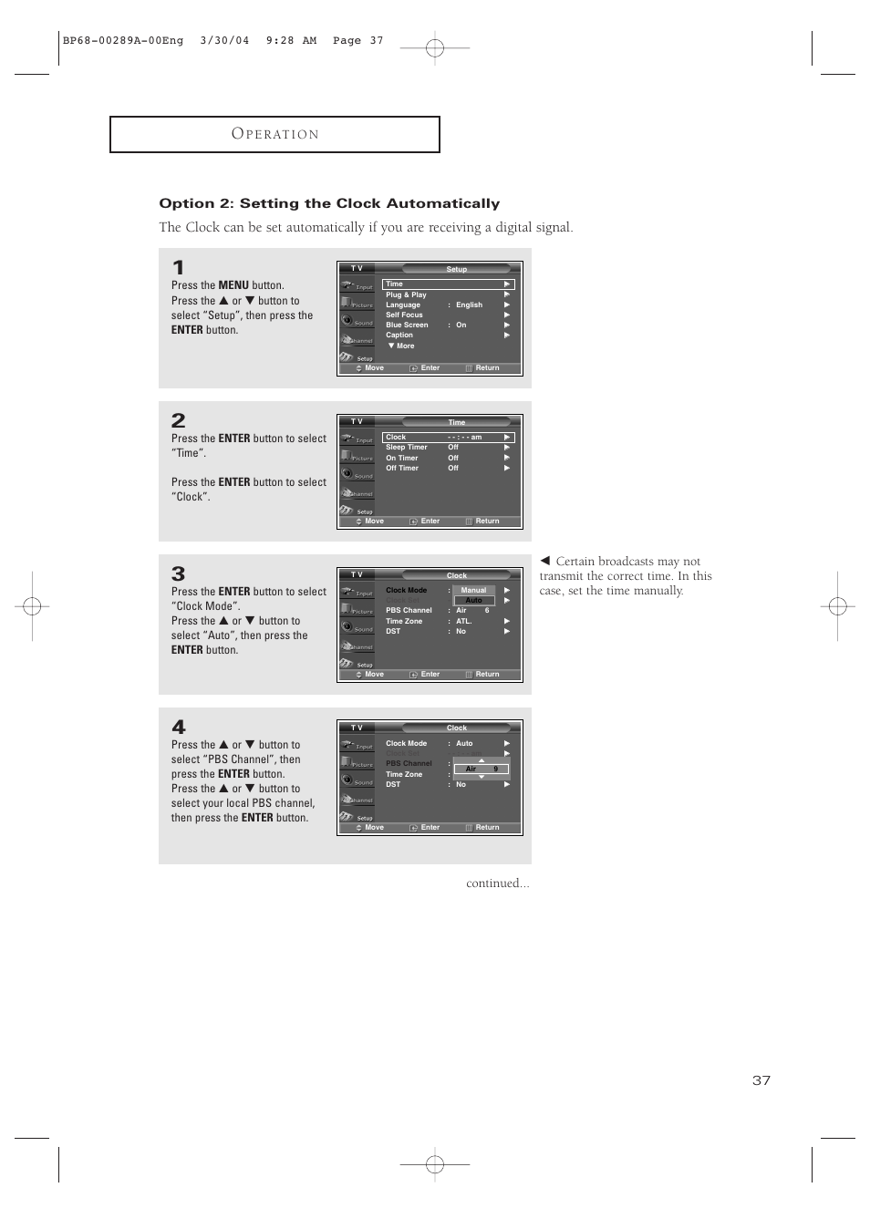 Option 2: setting the clock automatically, Continued | Samsung HCP4252WX-XAC User Manual | Page 37 / 68
