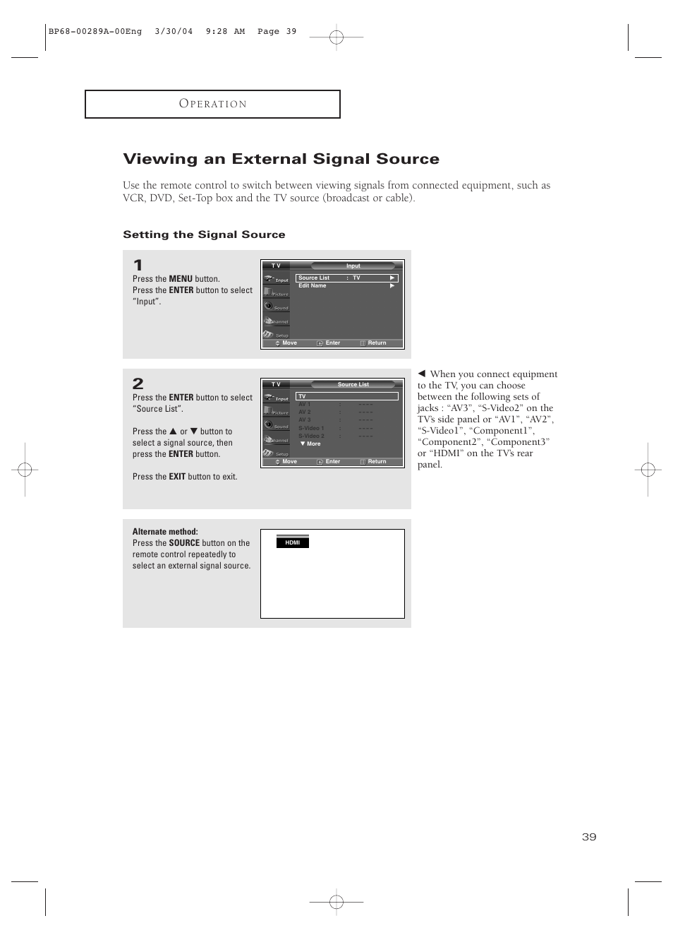 Viewing an external signal source, Setting the signal source | Samsung HCP4252WX-XAC User Manual | Page 39 / 68