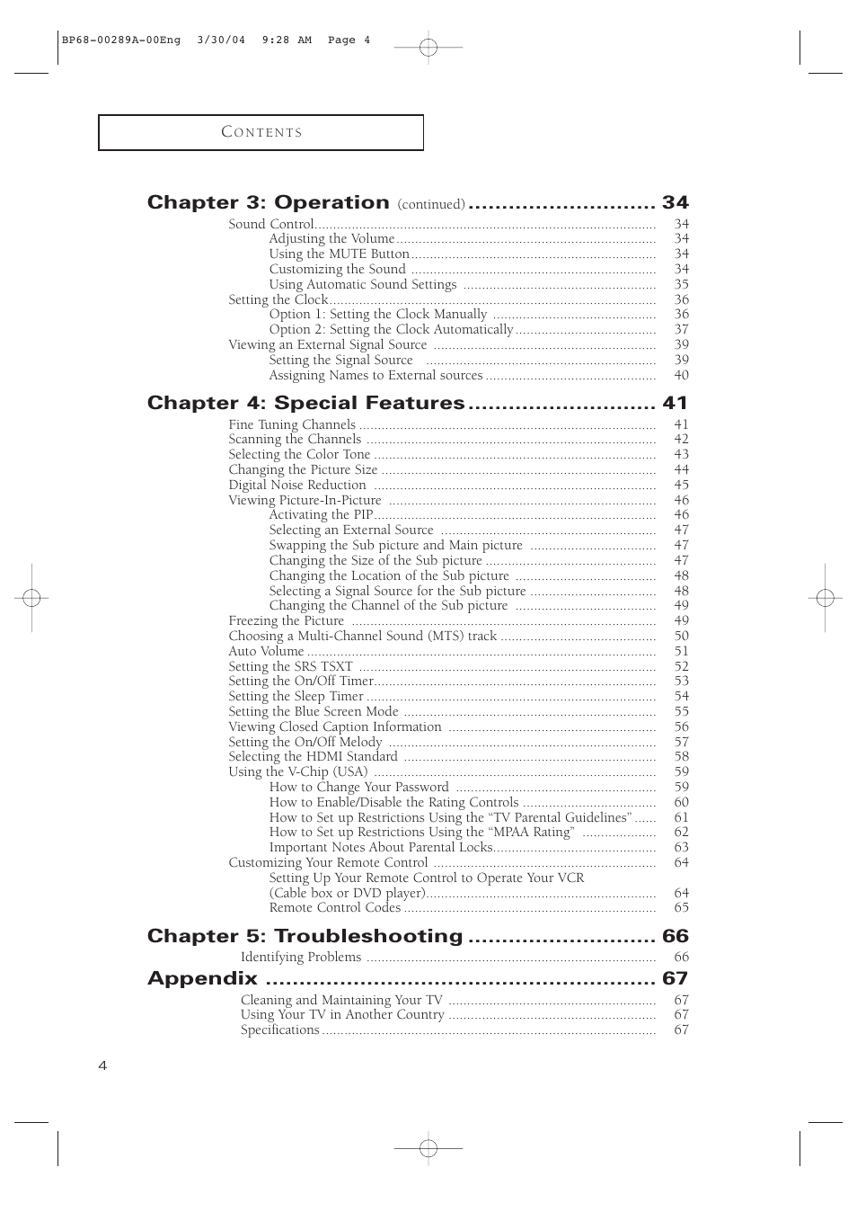 Chapter 3: operation, Chapter 4: special features, Chapter 5: troubleshooting | Appendix | Samsung HCP4252WX-XAC User Manual | Page 4 / 68