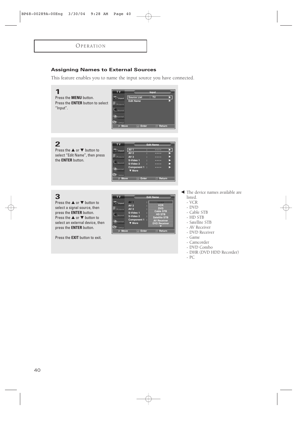 Assigning names to external sources | Samsung HCP4252WX-XAC User Manual | Page 40 / 68