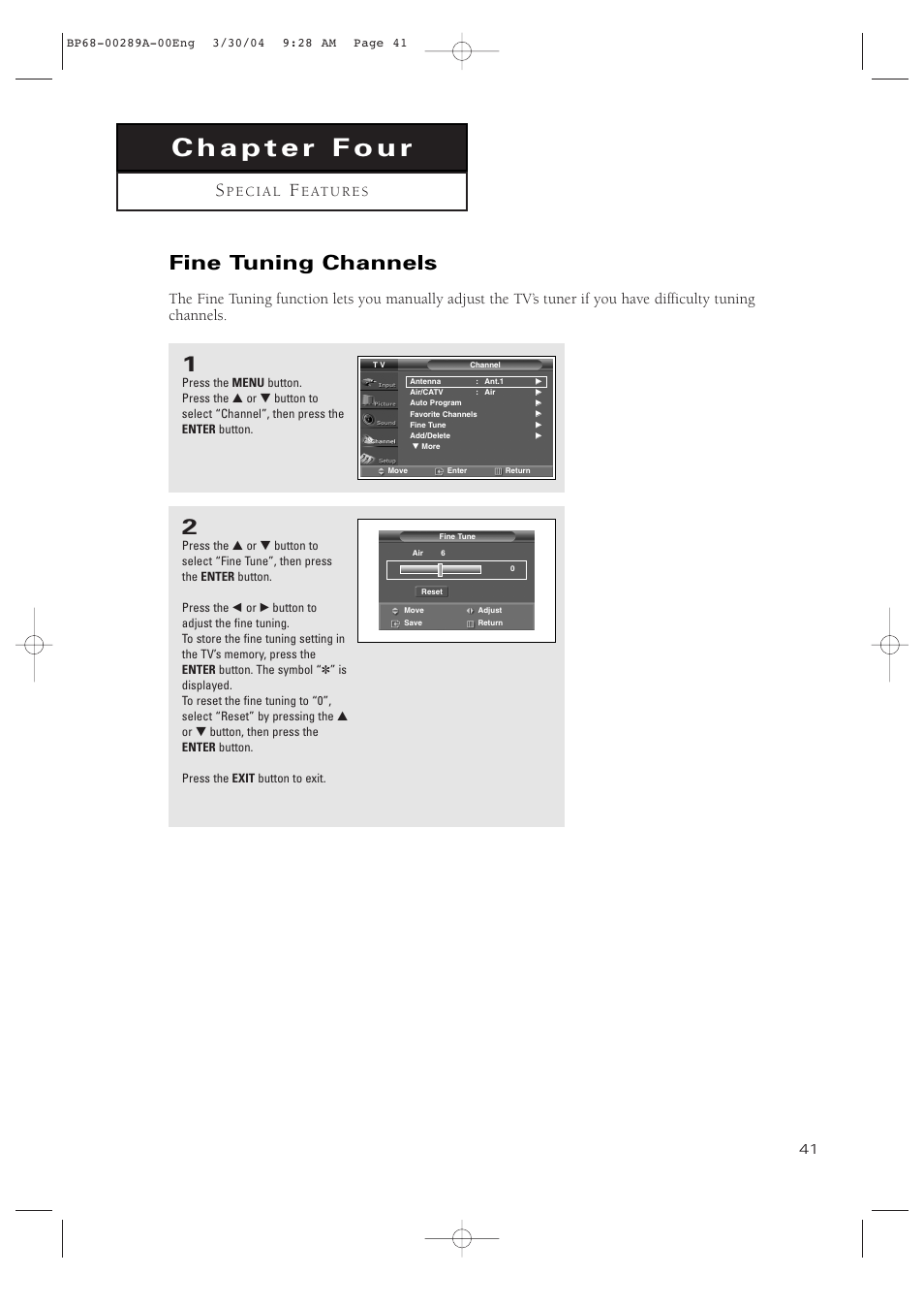 Chapter 4: special features, Fine tuning channels | Samsung HCP4252WX-XAC User Manual | Page 41 / 68