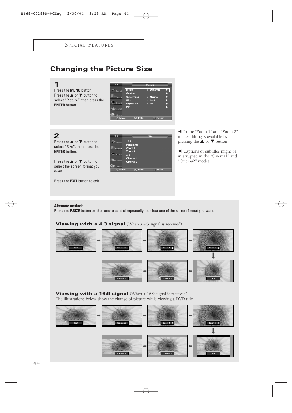 Changing the picture size | Samsung HCP4252WX-XAC User Manual | Page 44 / 68