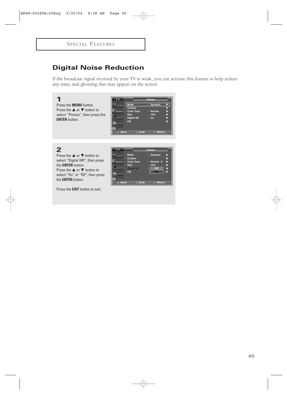 Digital noise reduction | Samsung HCP4252WX-XAC User Manual | Page 45 / 68