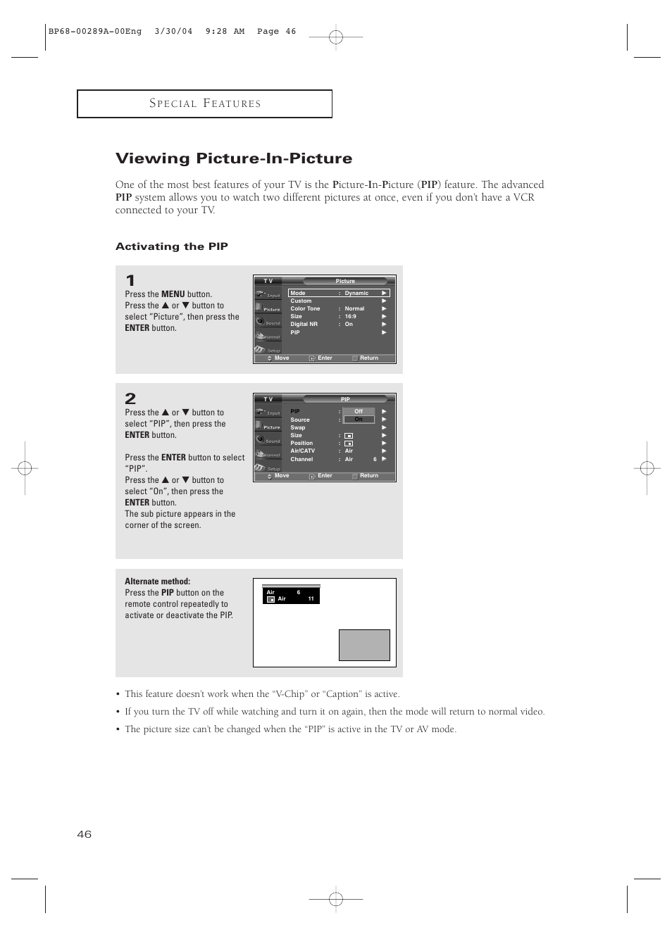 Viewing picture-in-picture, Activating the pip | Samsung HCP4252WX-XAC User Manual | Page 46 / 68