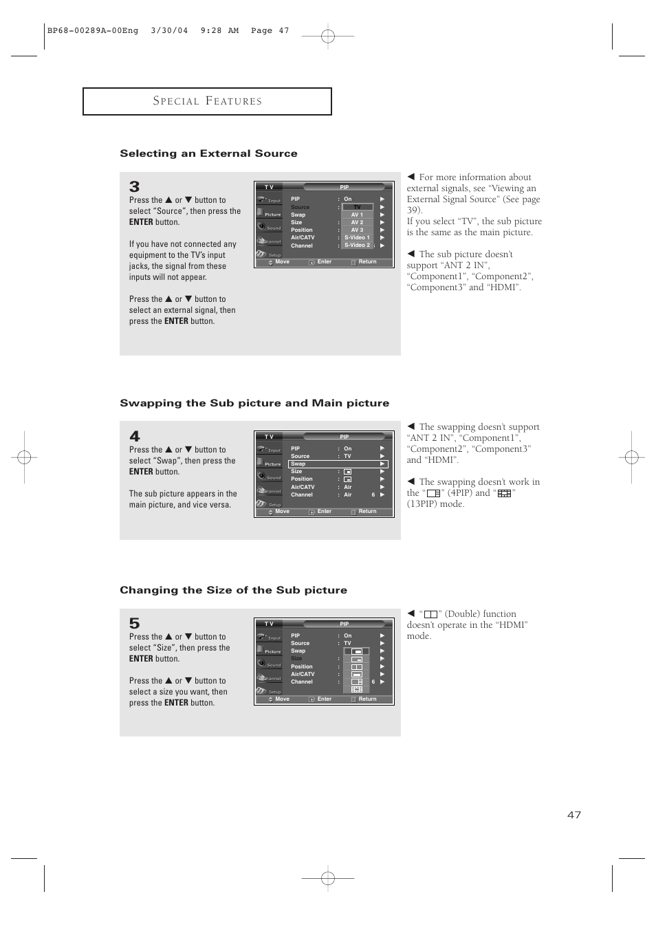 Selecting an external source, Swapping the sub picture and main picture, Changing the size of the sub picture | Samsung HCP4252WX-XAC User Manual | Page 47 / 68