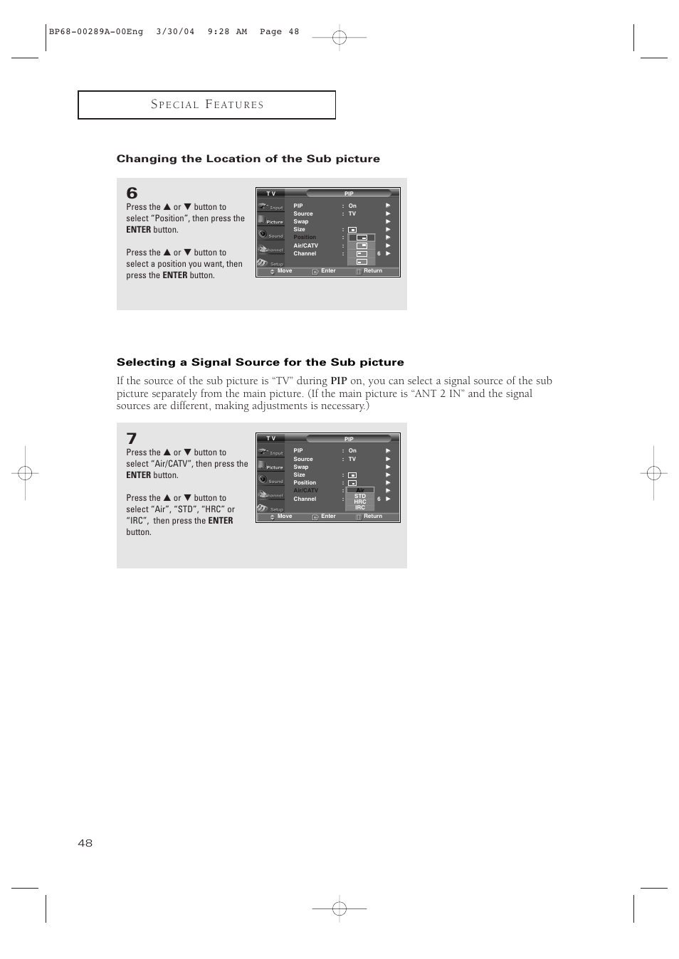 Changing the location of the sub picture, Selecting a signal source for the sub picture | Samsung HCP4252WX-XAC User Manual | Page 48 / 68