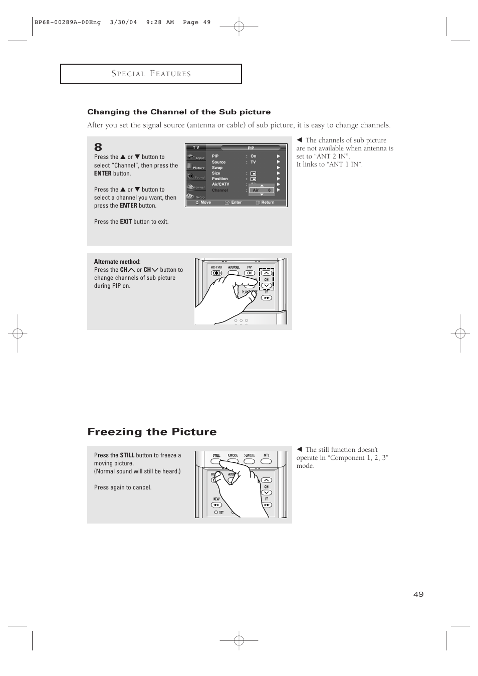 Changing the channel of the sub picture, Freezing the picture | Samsung HCP4252WX-XAC User Manual | Page 49 / 68