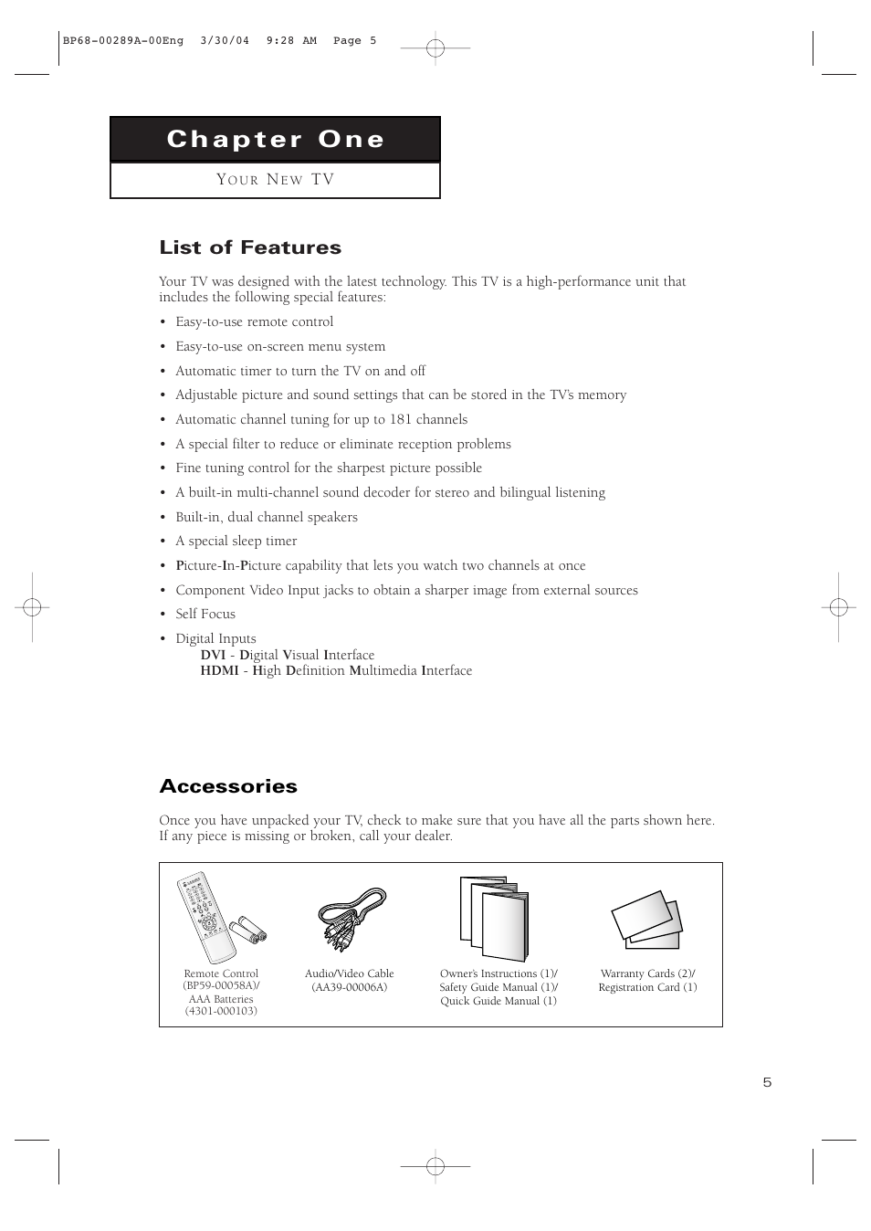 Chapter 1: your new tv, List of features, Accessories | Samsung HCP4252WX-XAC User Manual | Page 5 / 68