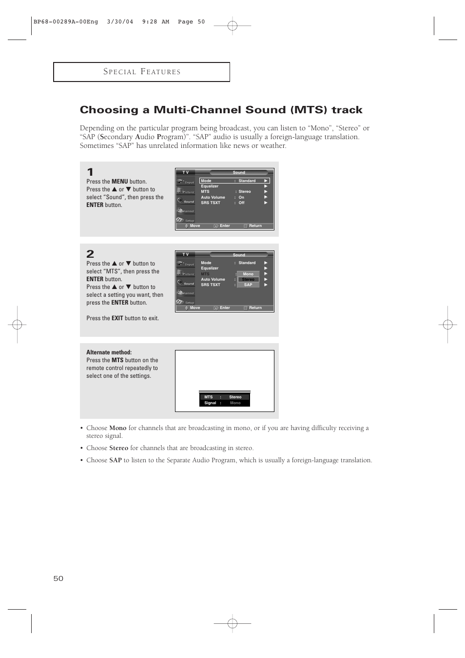 Choosing a multi-channel sound (mts) track | Samsung HCP4252WX-XAC User Manual | Page 50 / 68