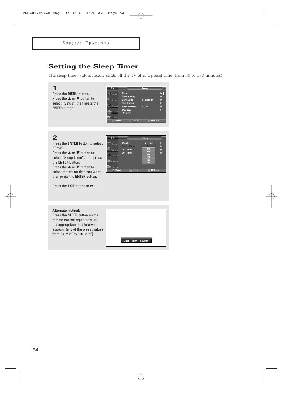 Setting the sleep timer | Samsung HCP4252WX-XAC User Manual | Page 54 / 68