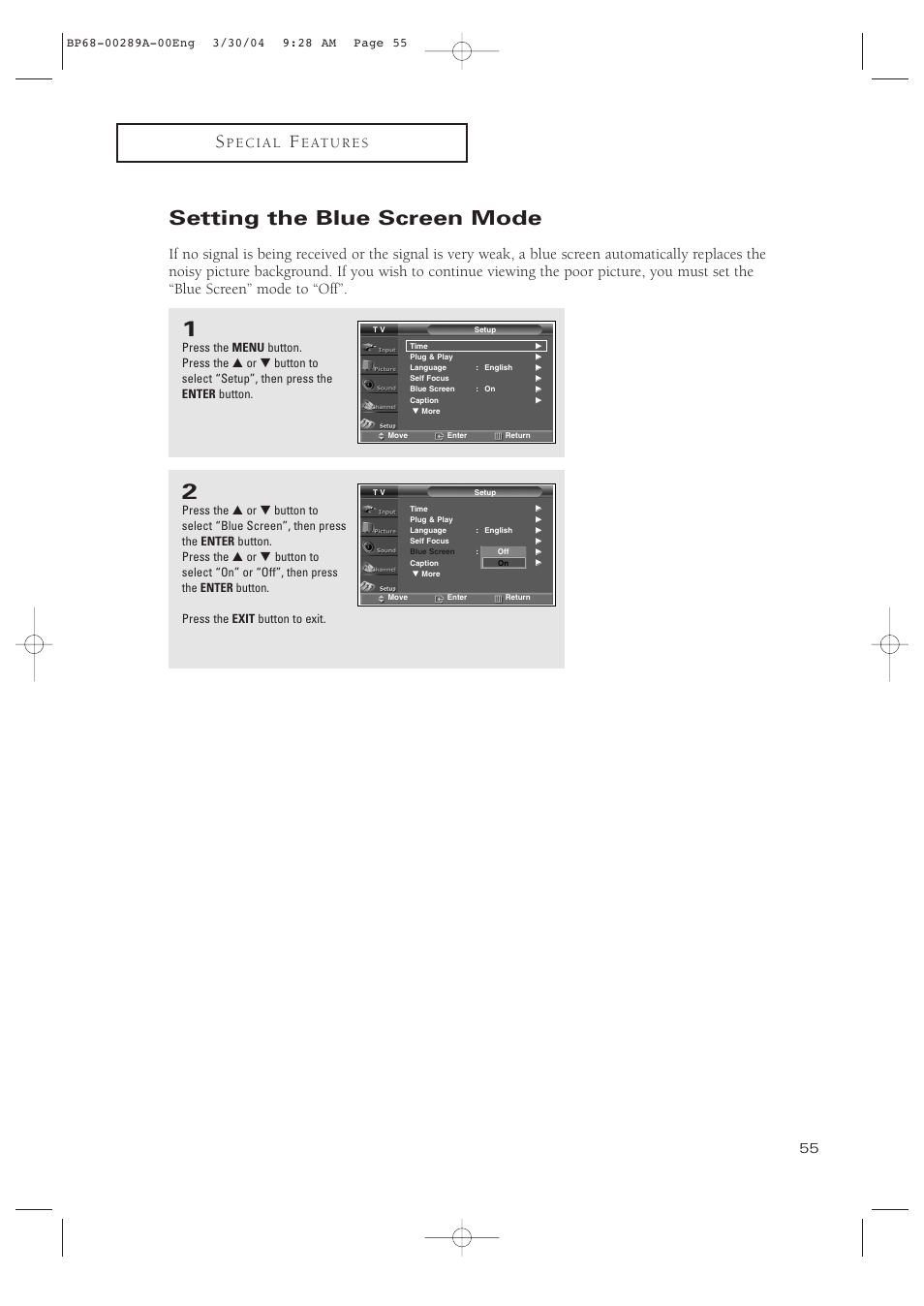 Setting the blue screen mode | Samsung HCP4252WX-XAC User Manual | Page 55 / 68