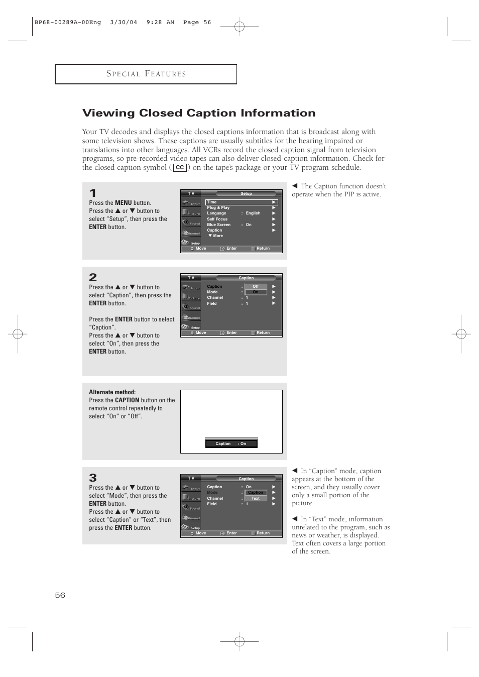 Viewing closed caption information | Samsung HCP4252WX-XAC User Manual | Page 56 / 68