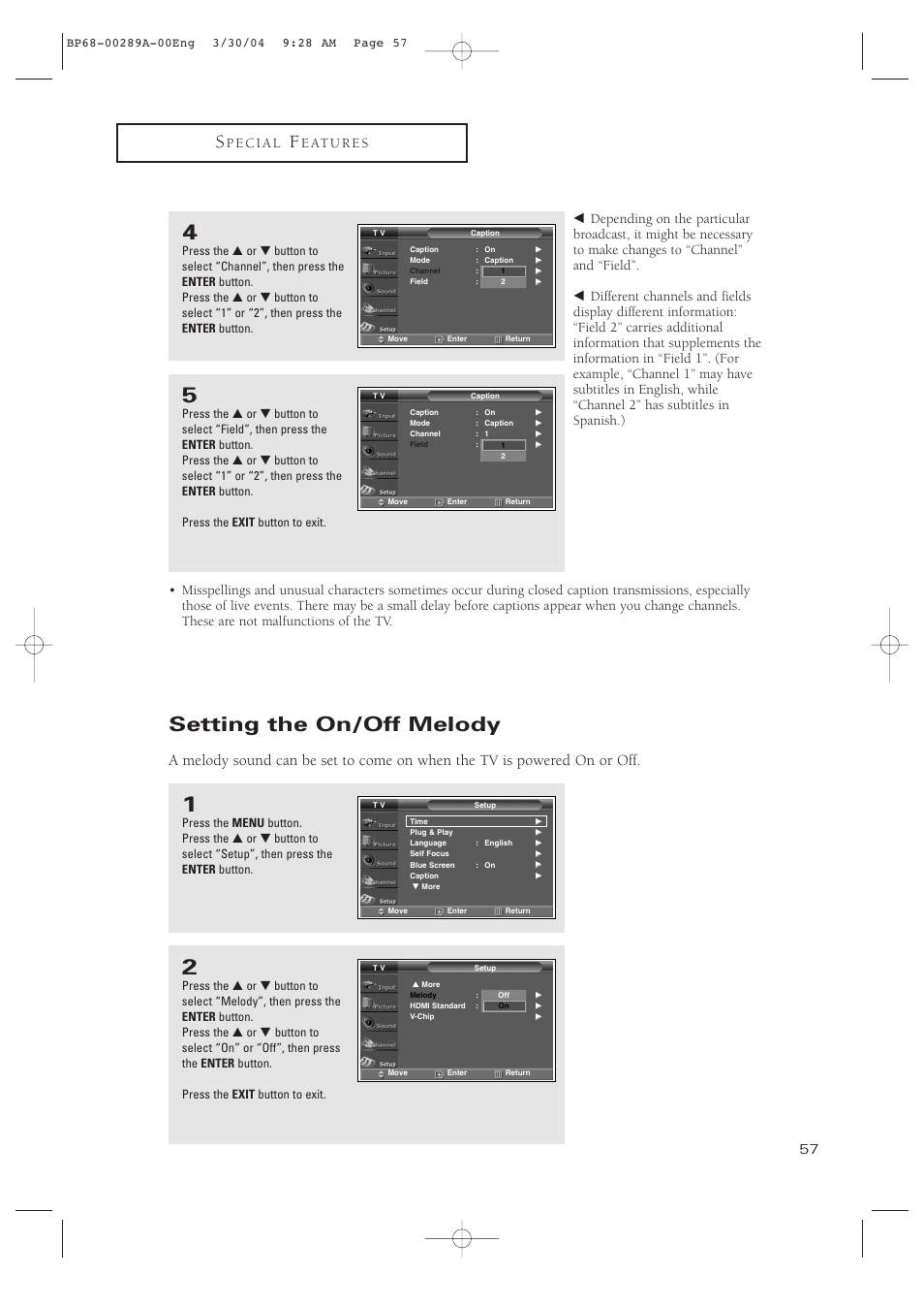 Setting the on/off melody | Samsung HCP4252WX-XAC User Manual | Page 57 / 68