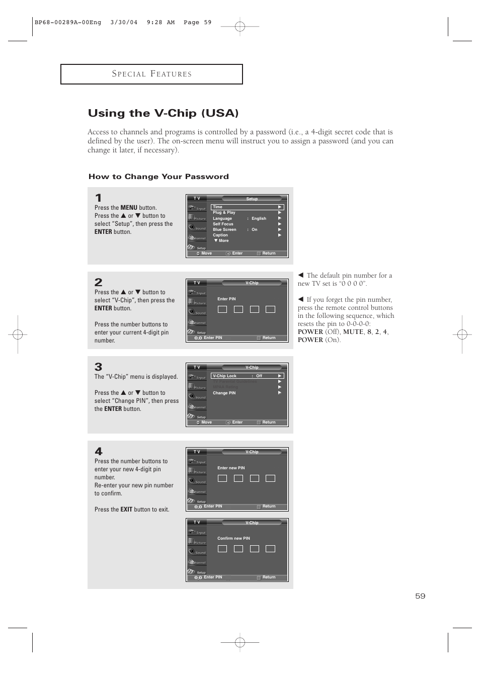 Using the v-chip (usa), How to change your password | Samsung HCP4252WX-XAC User Manual | Page 59 / 68