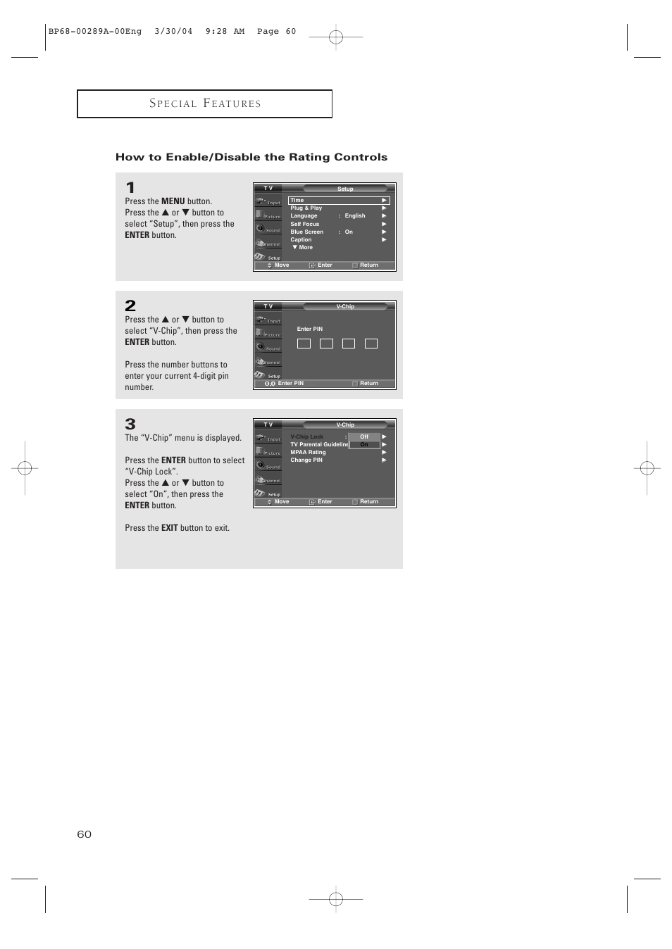 How to enable/disable the rating controls | Samsung HCP4252WX-XAC User Manual | Page 60 / 68
