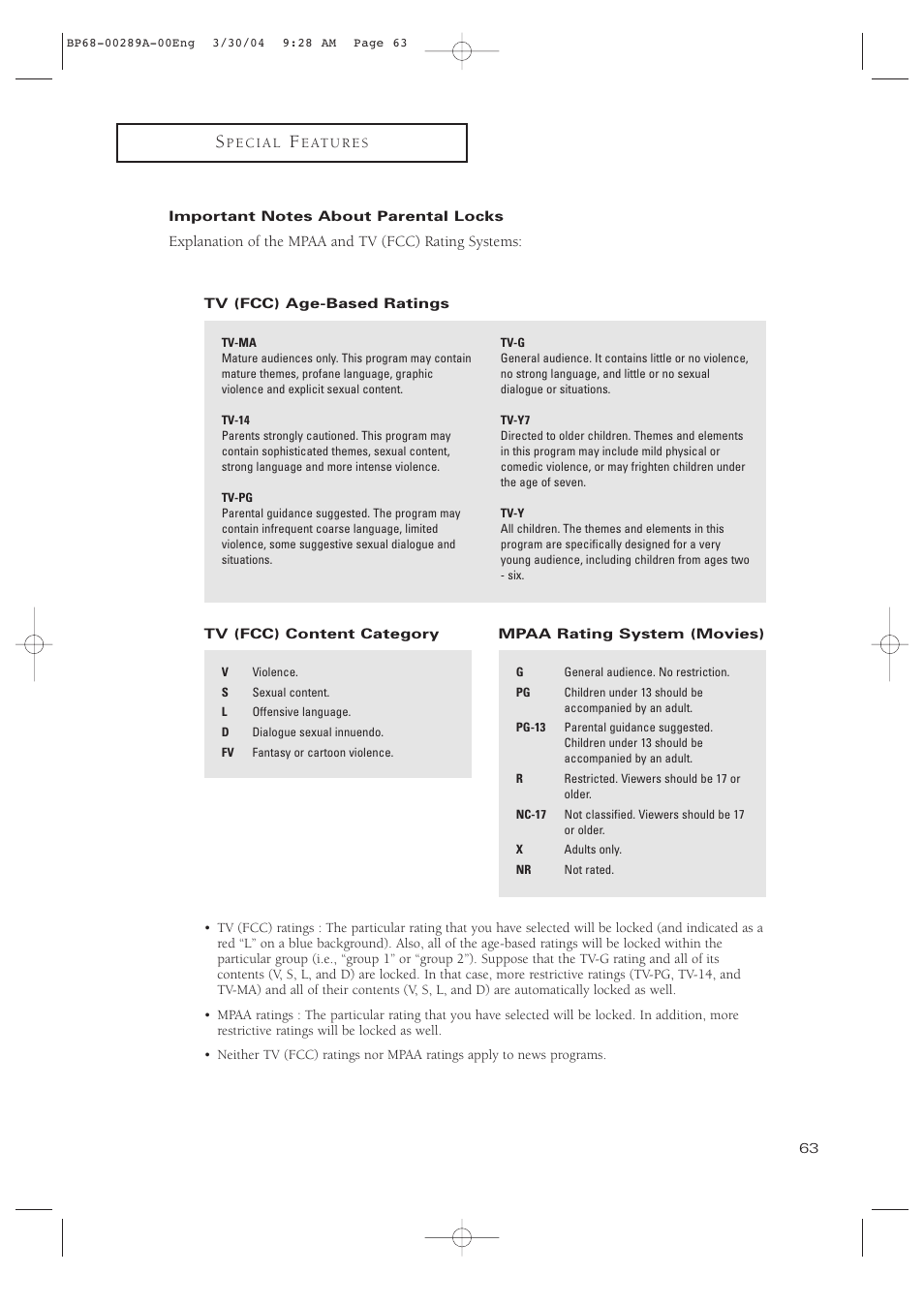 Important notes about parental locks | Samsung HCP4252WX-XAC User Manual | Page 63 / 68