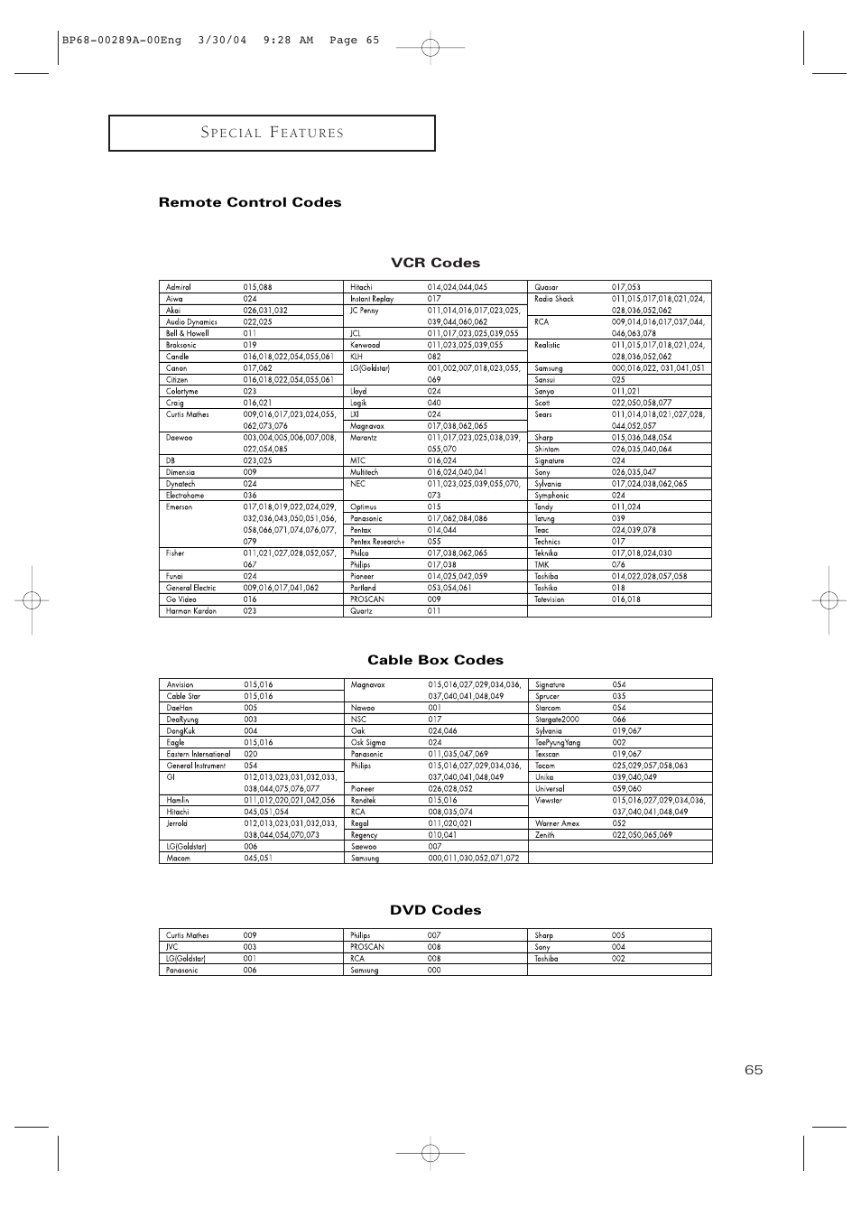 Remote control codes | Samsung HCP4252WX-XAC User Manual | Page 65 / 68