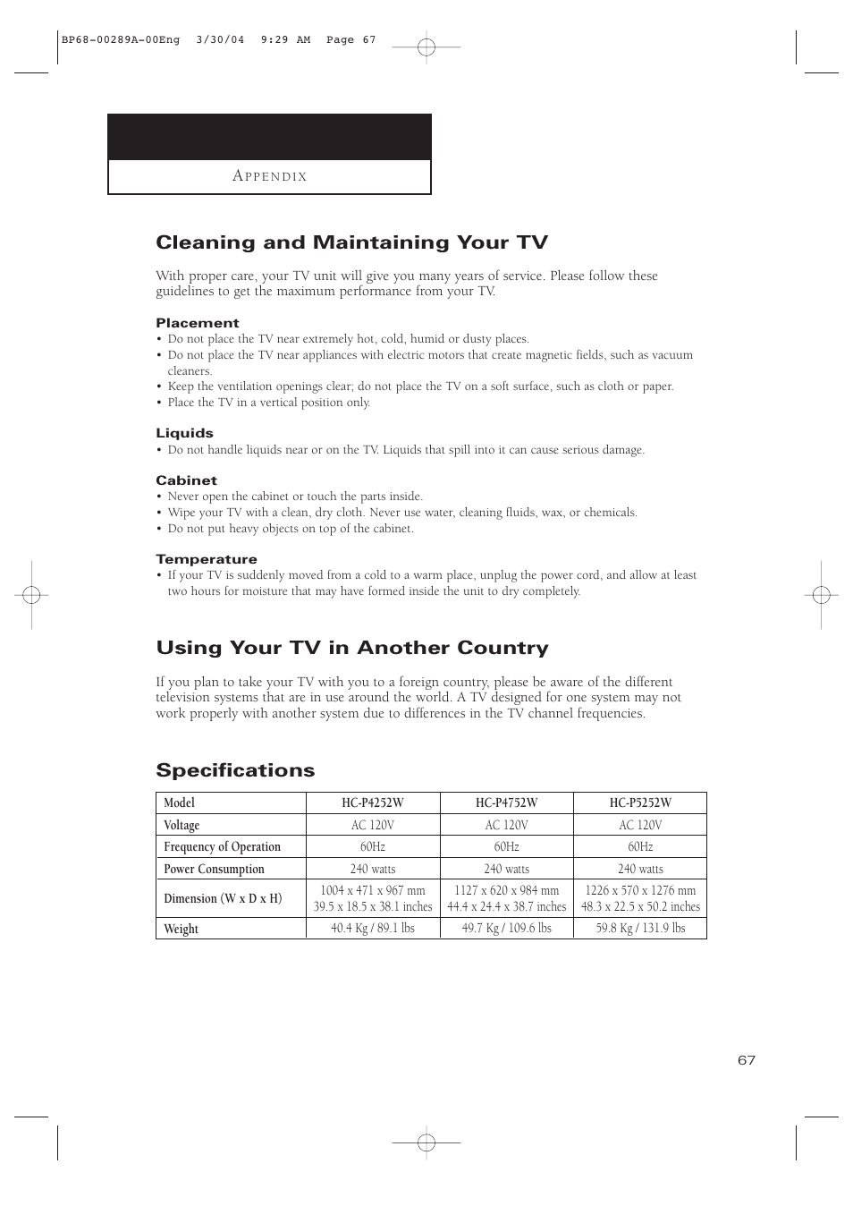 Appendix, Cleaning and maintaining your tv, Using your tv in another country | Specifications | Samsung HCP4252WX-XAC User Manual | Page 67 / 68
