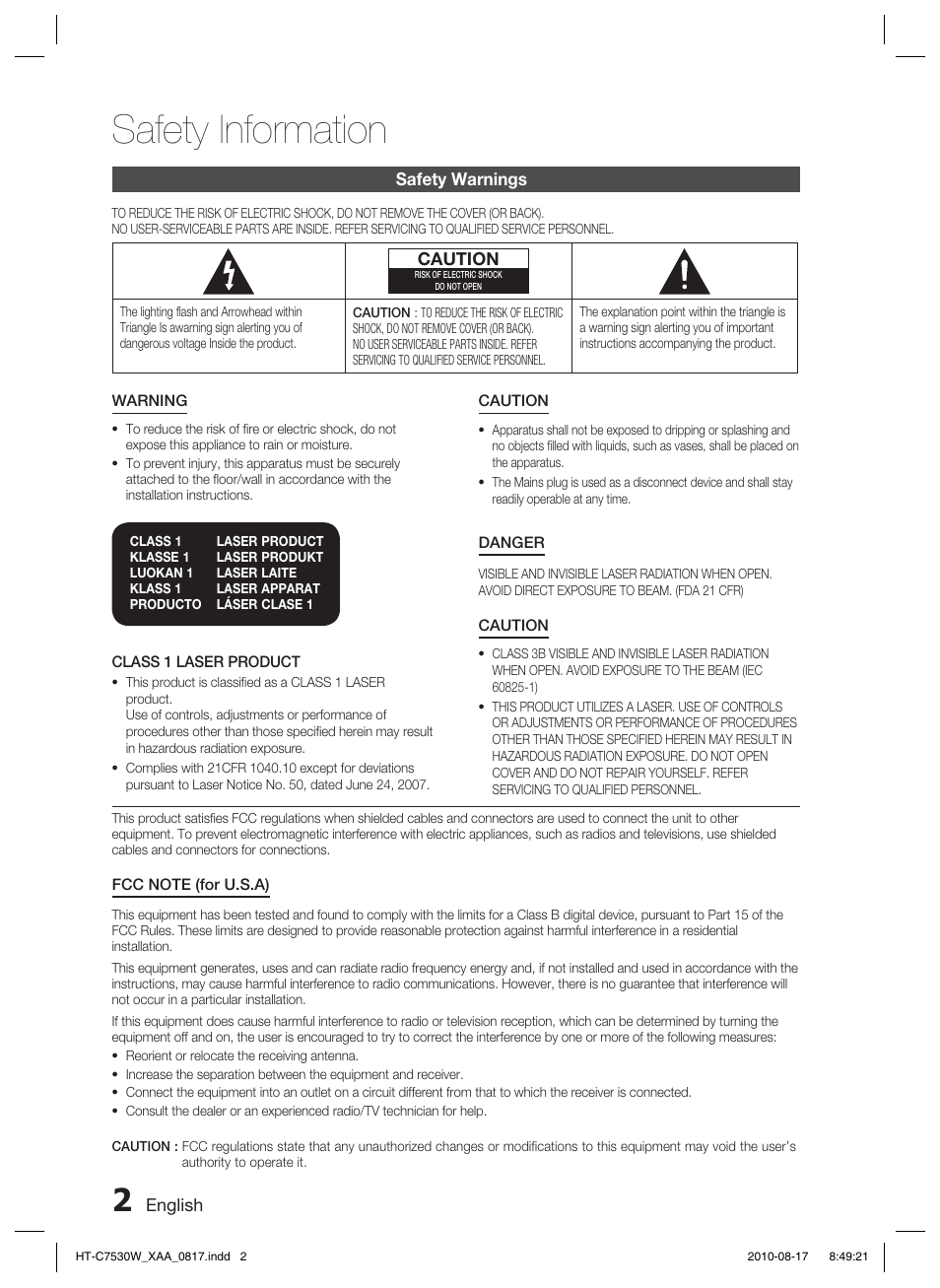 Safety information, Safety warnings | Samsung HT-C7530W-XAA User Manual | Page 2 / 72