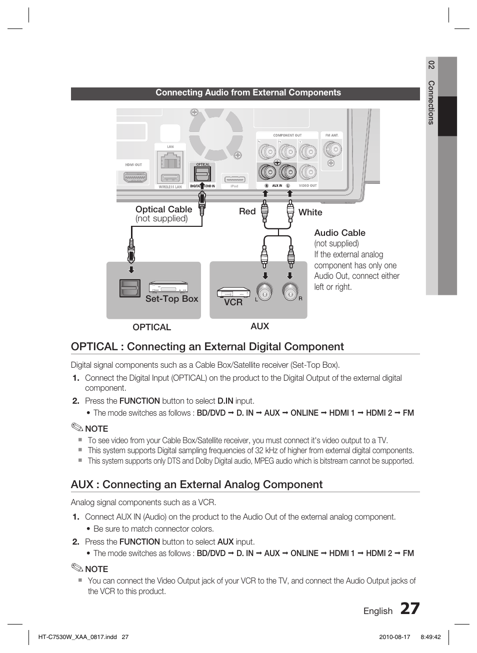 Connecting audio from external components, Optical : connecting an external digital component, Aux : connecting an external analog component | Samsung HT-C7530W-XAA User Manual | Page 27 / 72