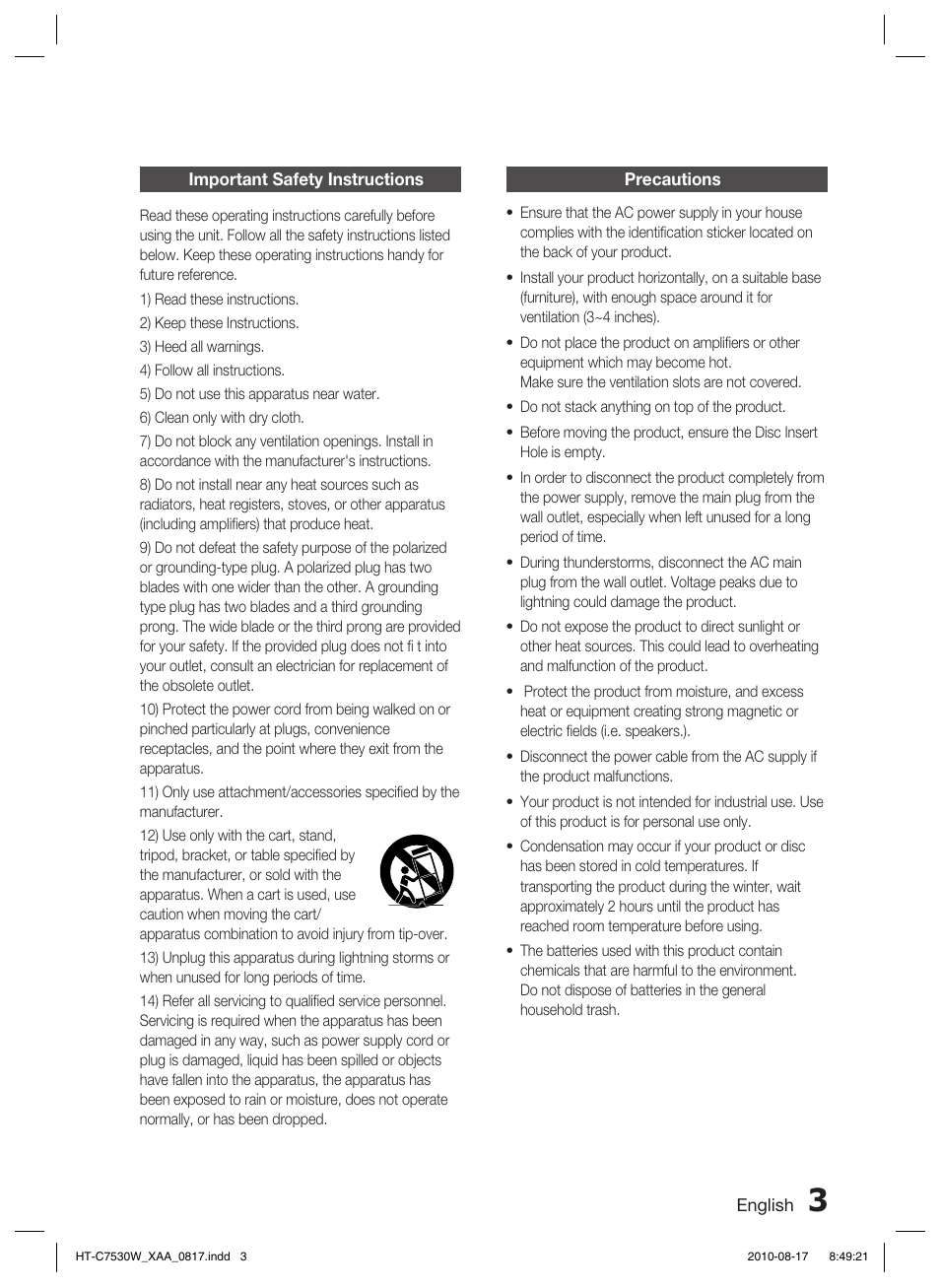 Important safety instructions, Precautions | Samsung HT-C7530W-XAA User Manual | Page 3 / 72