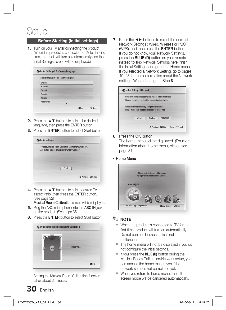 Setup, Before starting (initial settings), English | Home menu | Samsung HT-C7530W-XAA User Manual | Page 30 / 72