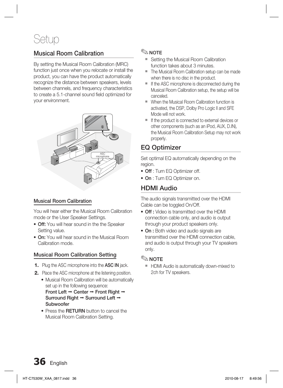 Musical room calibration, Eq optimizer, Hdmi audio | Setup | Samsung HT-C7530W-XAA User Manual | Page 36 / 72