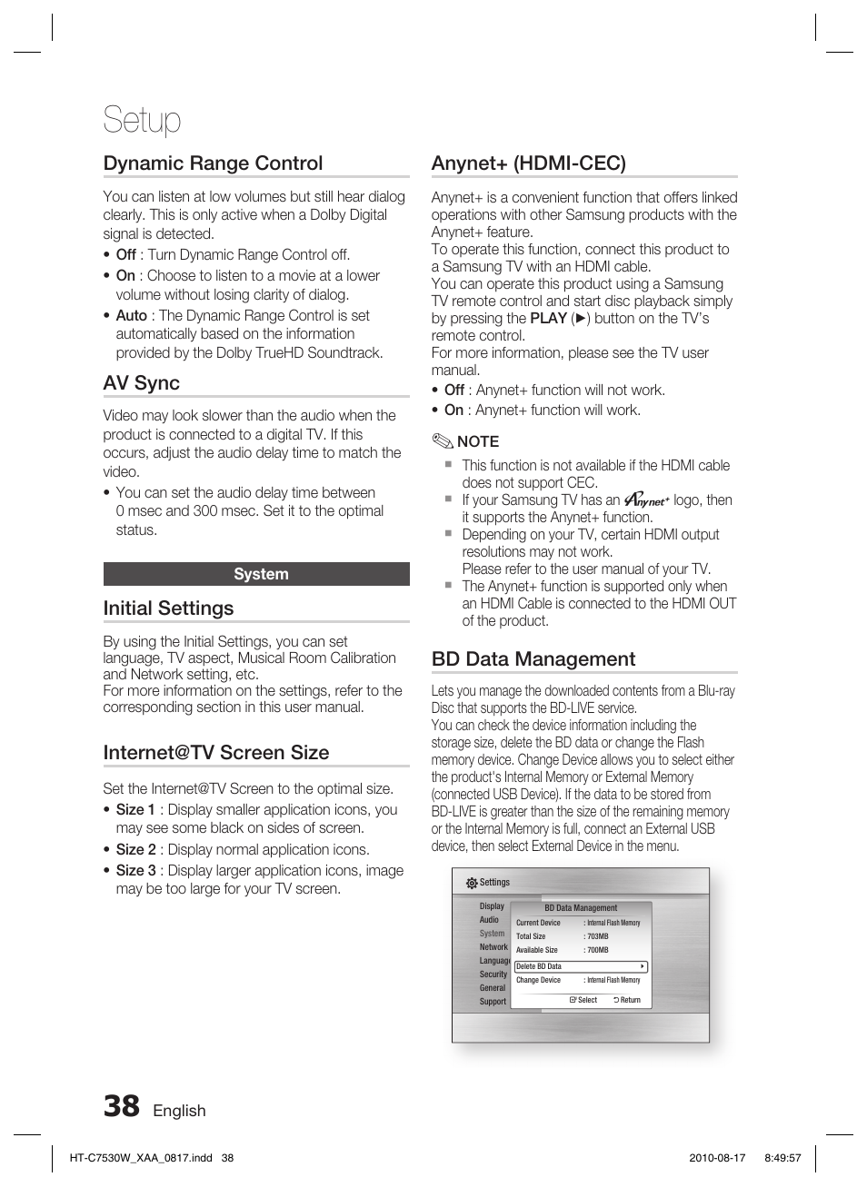 Dynamic range control, Av sync, System | Initial settings, Internet@tv screen size, Anynet+ (hdmi-cec), Bd data management, Setup | Samsung HT-C7530W-XAA User Manual | Page 38 / 72