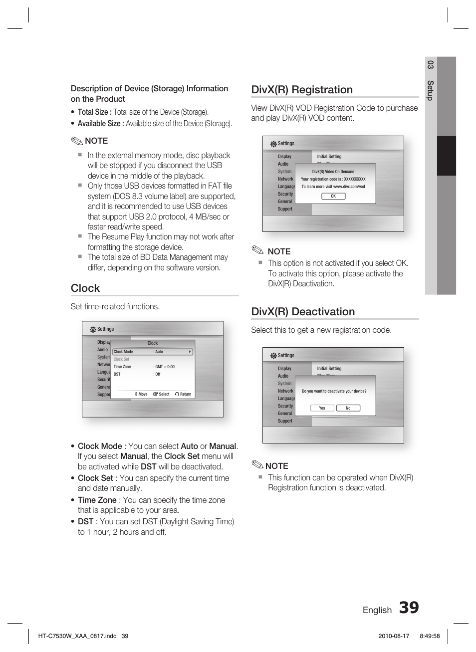 Clock, Divx(r) registration, Divx(r) deactivation | English, Set time-related functions, Select this to get a new registration code | Samsung HT-C7530W-XAA User Manual | Page 39 / 72