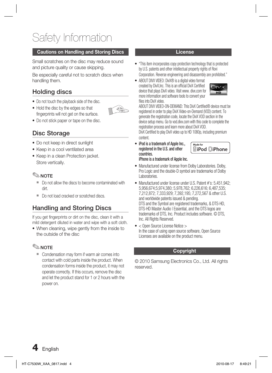 Cautions on handling and storing discs, License, Copyright | Safety information | Samsung HT-C7530W-XAA User Manual | Page 4 / 72