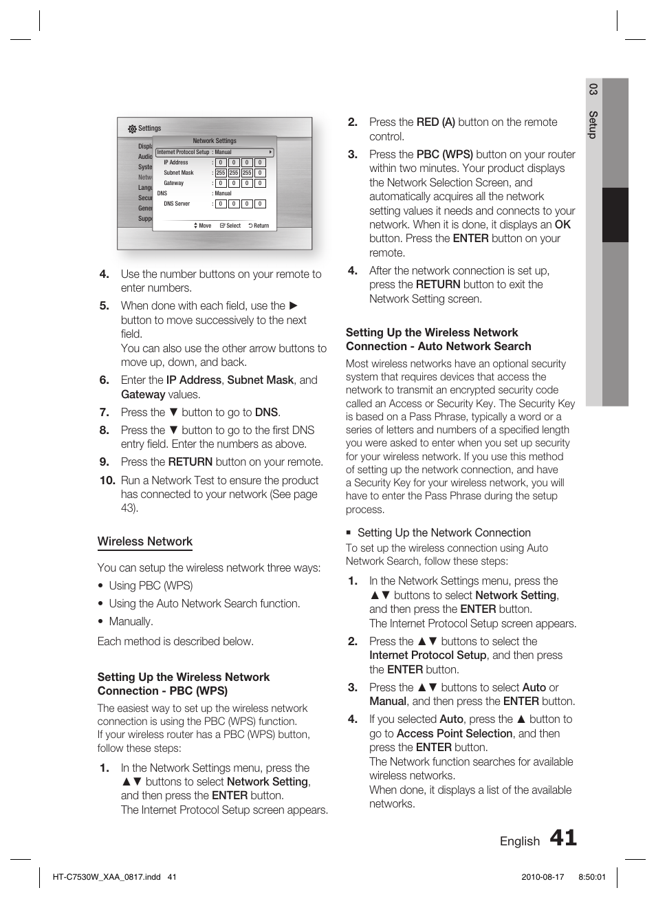 English, Wireless network | Samsung HT-C7530W-XAA User Manual | Page 41 / 72