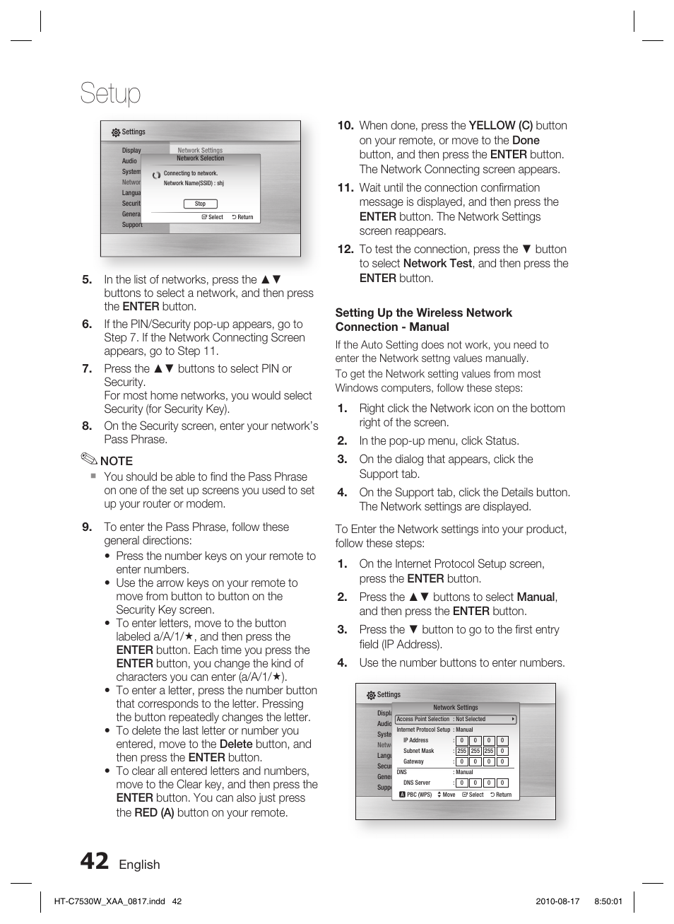 Setup, English | Samsung HT-C7530W-XAA User Manual | Page 42 / 72
