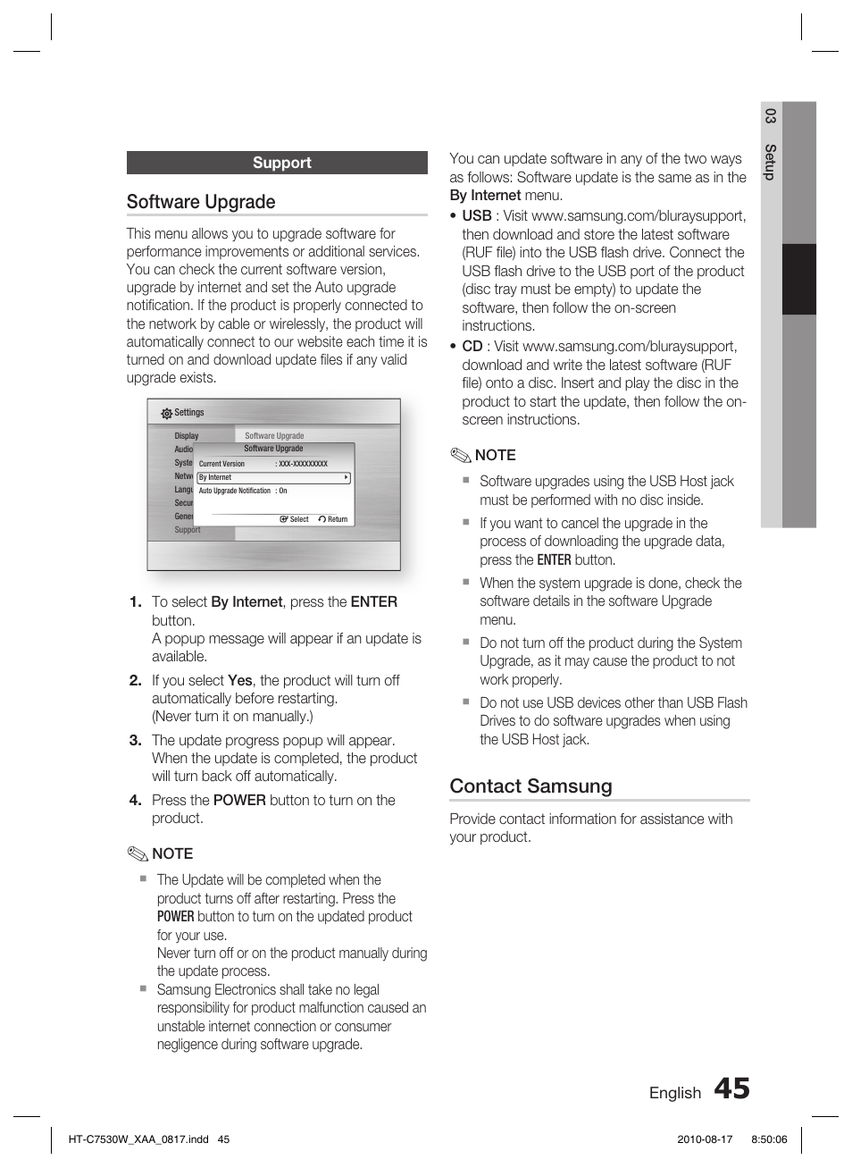 Support, Software upgrade, Contact samsung | Samsung HT-C7530W-XAA User Manual | Page 45 / 72