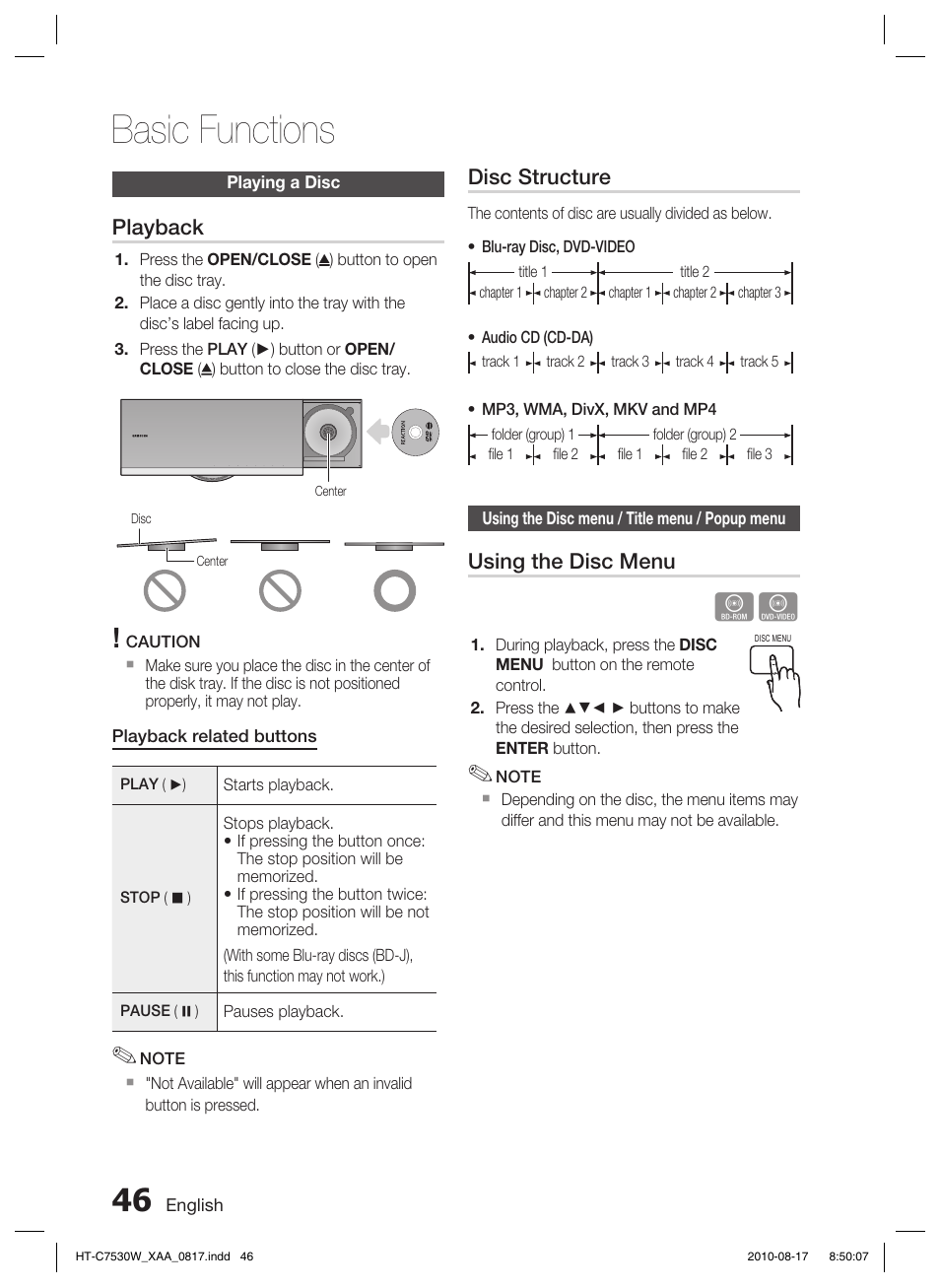 Basic functions, Playing a disc, Using the disc menu / title menu / popup menu | Playback, Disc structure, Using the disc menu | Samsung HT-C7530W-XAA User Manual | Page 46 / 72